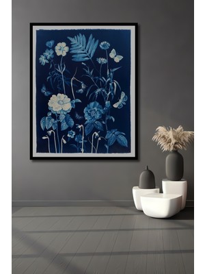 Teona Ahşap Çerçeve Görünümlü Mavi Çiçekler ve Kelebekler Dekoratif Ahşap Mdf Tablo Dikdörtgen Tablo