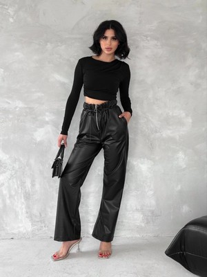Evyora Kendinden Ince Kemerli Deri Pantolon Siyah T1178