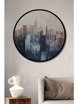 Teona Ahşap Çerçeve Görünümlü Soyut Şehir Manzarası Dekoratif Ahşap Mdf Ev Duvar Tablo Yuvarlak Ev Duvar Tablo