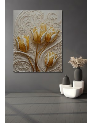 Teona Ahşap Barok Tarzı Altın Lale Motifli Ahşap Mdf Dekoratif Tablo Dikdörtgen Tablo