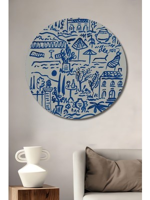 Teona Ahşap Dekoratif Ahşap Yuvarlak Tablo Mavi Peyzaj Çizimleri