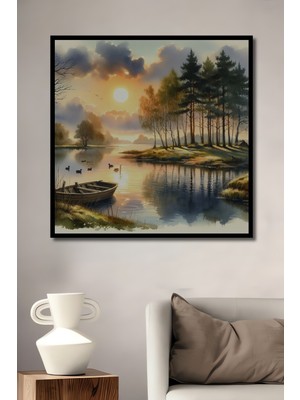 Teona Ahşap Çerçeve Görünümlü Gün Batımında Göldeki Huzur Ahşap Mdf Dekoratif Tablo Dikdörtgen Tablo