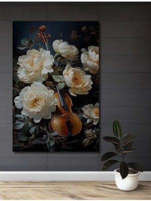 Teona Ahşap Beyaz Güller ve Keman Dekoratif Ahşap Mdf Ev/işyeri Duvar Tablo Dikdörtgen Ev/işyeri Duvar Tablo