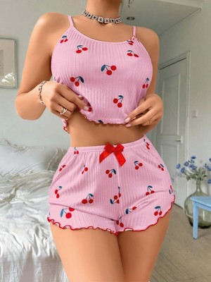 Marsilyan- Pembe Kiraz Desenli Askılı Şortlu Pijama