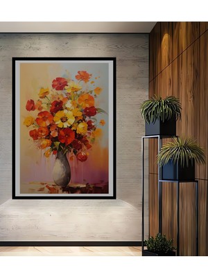 Teona Ahşap Çerçeve Görünümlü Renkli Çiçek Buketi Ahşap Mdf Dekoratif Ev Duvar Tablo Dikdörtgen Ev Duvar Tablo
