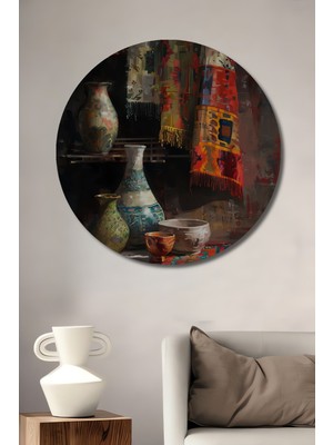 Teona Ahşap Renkli Çömlekler ve Kumaşlar Dekoratif Ahşap Mdf Tablo Yuvarlak Tablo