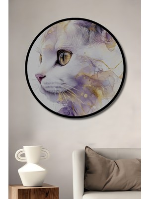 Teona Ahşap Çerçeve Görünümlü Renkli Sanat Kedi Ahşap Mdf Dekoratif Ev Duvar Tablo Yuvarlak Ev Duvar Tablo