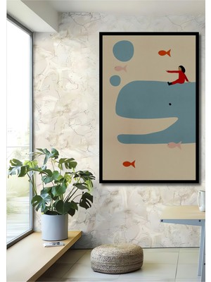 Teona Ahşap Dekoratif Ahşap Dikdörtgen Tablo Balina ve Çocuk Çerçeve Görünümlü