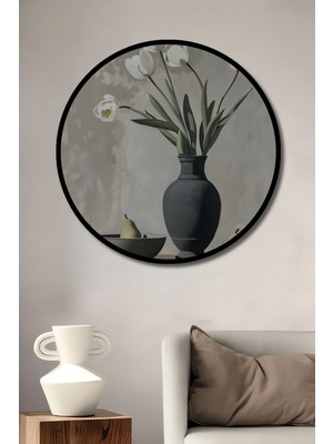 Teona Ahşap Çerçeve Görünümlü Beyaz Lale ve Meyve Kompozisyonlu Dekoratif Ahşap Mdf Tablo Yuvarlak Tablo