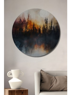 Teona Ahşap Orman Gün Batımı Dekoratif Ahşap Mdf Ev/işyeri Duvar Tablo Yuvarlak Ev/işyeri Duvar Tablo