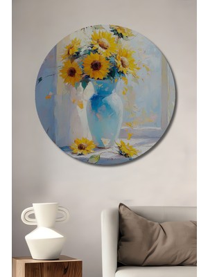 Teona Ahşap Mavi Vazoda Günebakanlar Dekoratif Ahşap Mdf Ev/işyeri Duvar Tablo Yuvarlak Ev/işyeri Duvar Tablo
