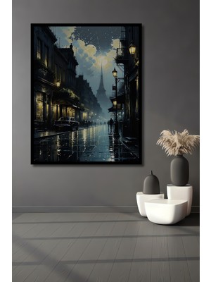 Teona Ahşap Çerçeve Görünümlü Paris Sokakları Gece Manzarası Dekoratif Ahşap Mdf Tablo Dikdörtgen Tablo