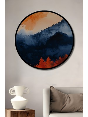 Teona Ahşap Çerçeve Görünümlü Turuncu Günbatımı Dağ Manzarası Dekoratif Ahşap Mdf Tablo Yuvarlak Tablo