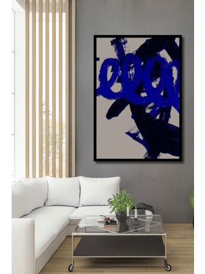 Teona Ahşap Çerçeve Görünümlü Mavi Fırça Darbeleri Soyut Ahşap Mdf Dekoratif Tablo Dikdörtgen Tablo