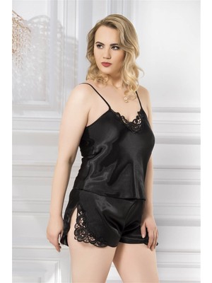 Beruflic Büyük Beden Siyah Saten Babydoll Şort Takımı