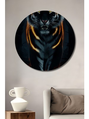 Teona Ahşap Ateş Halesiyle Kara Kaplan Dekoratif Ahşap Mdf Ev/işyeri Duvar Tablo Yuvarlak Ev/işyeri Duvar Tablo