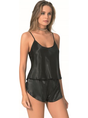 Beruflic Siyah Saten Babydoll Şort Takımı
