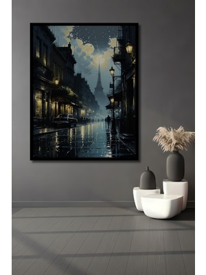 Teona Ahşap Çerçeve Görünümlü Paris Sokakları Gece Manzarası Dekoratif Ahşap Mdf Tablo Dikdörtgen Tablo