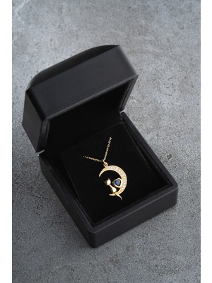 Famira 925 Ayar Gümüş Işıklı Kutuda Mavi Taşlı Gold Kedi Kolye