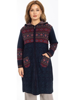 Mutlu City Yeni Model Etnik Desen Kapşüşonlu ve Fermuarlı Kadın Hırka 2308