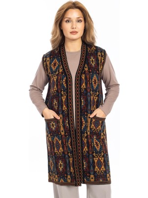 Mutlu City Kadın Klasik Etnik Desen Triko Örgü Kilim Anne Yelek 1052 Uzun