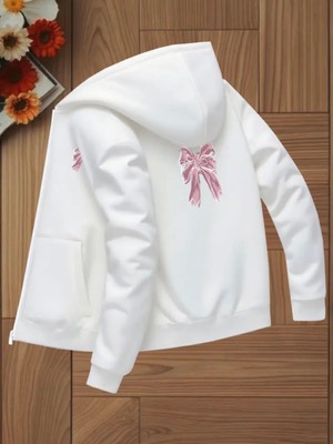 Punix Kids Punıx Kıds Özel Üretim Pembe Kurdele Baskılı Kapüşonlu Fermuarlı Kız Çocuk Şardonlu Sweatshırt