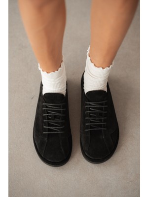 Selin Shoes Nelline Hakiki Deri Bağcıklı Kadın Ayakkabı- Siyah Süet