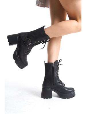 Alfaze Yandan Fermuarlı Bağcıklı Topuklu Bot Cilt Siyah Topuk Boyu 7 cm