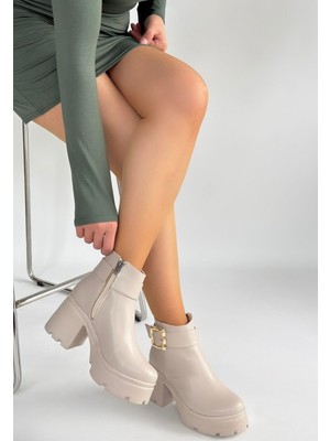 Alfaze Yandan Fermuarlı Topuklu Bot Cilt Bej Topuk Boyu 7 cm