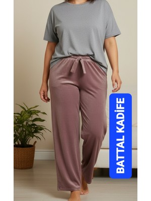 Kadın Bayan Fransız Kadife Battal Büyük Beden Bel Lastikli Cepsiz  Eşofman Altı Pantolon Pijama Tayt