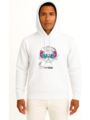 Bahriyeli Collection Kapüşonlu Funny Dog With Eyeglasses And Headphones Göğüs Tasarımlı Unisex Sweatshirt