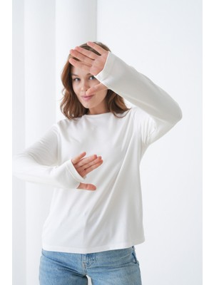 Mamayaga Kadın Bisiklet Yaka Uzun Kol Parmak Geçirmeli Spor Şık Bluz