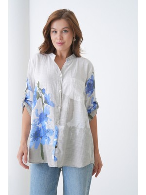 Mamayaga Kadın Tesettüre Uygun Uzun Kol Pamuk Şık Büyük Beden Desenli Curve Rahat Italyan Keten Gömlek