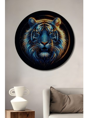 Teona Ahşap Çerçeve Görünümlü Mavi Işıltılı Kaplan Ahşap Mdf Dekoratif Ev Duvar Tablo Yuvarlak Ev Duvar Tablo