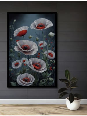 Teona Ahşap Çerçeve Görünümlü Gelincik Çiçekleri Ahşap Mdf Dekoratif Ev Duvar Tablo Dikdörtgen Ev Duvar Tablo