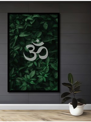 Teona Ahşap Çerçeve Görünümlü Om Simgesi Yeşil Yapraklar Dekoratif Ahşap Mdf Tablo Dikdörtgen Tablo