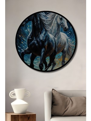 Teona Ahşap Çerçeve Görünümlü Koşan Atlar Dekoratif Ahşap Mdf Işyeri Duvar Tablo Yuvarlak Işyeri Duvar Tablo