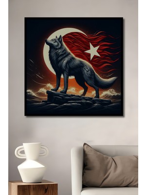 Teona Ahşap Çerçeve Görünümlü Bozkurt Ay Yıldız Ahşap Mdf Dekoratif Ev Duvar Tablo Dikdörtgen Ev Duvar Tablo
