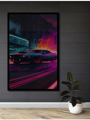 Teona Ahşap Çerçeve Görünümlü Gece Sokaklarında Neon Arabası Ahşap Mdf Dekoratif Tablo Dikdörtgen Tablo