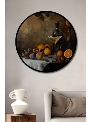 Teona Ahşap Çerçeve Görünümlü Meyve Natürmort Dekoratif Ahşap Mdf Ev Duvar Tablo Yuvarlak Ev Duvar Tablo