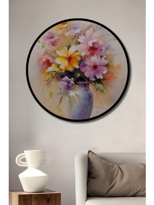 Teona Ahşap Çerçeve Görünümlü Renkli Çiçek Vazo Dekoratif Ahşap Mdf Ev Duvar Tablo Yuvarlak Ev Duvar Tablo