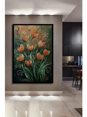 Teona Ahşap Çerçeve Görünümlü Lale Çiçekleri Dekoratif Ahşap Mdf Ev Duvar Tablo Dikdörtgen Ev Duvar Tablo