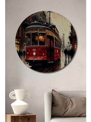 Teona Ahşap Nostaljik Kırmızı Tramvay Ahşap Mdf Dekoratif Ev/işyeri Duvar Tablo Yuvarlak Ev/işyeri Duvar Tablo