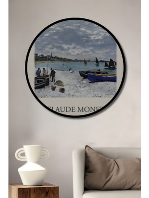 Teona Ahşap Çerçeve Görünümlü Claude Monet Sahil Manzarası Ahşap Mdf Dekoratif Tablo Yuvarlak Tablo