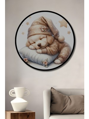 Teona Ahşap Çerçeve Görünümlü Sevimli Yavru Köpek Uyku Zamanı Dekoratif Ahşap Mdf Tablo Yuvarlak Tablo