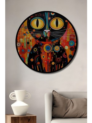 Teona Ahşap Çerçeve Görünümlü Pop Art Kedisi Dekoratif Ahşap Mdf Ev Duvar Tablo Yuvarlak Ev Duvar Tablo