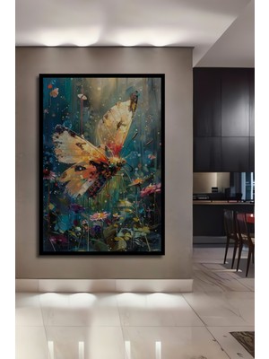 Teona Ahşap Çerçeve Görünümlü Renkli Kelebek ve Çiçekler Ahşap Mdf Dekoratif Tablo Dikdörtgen Tablo