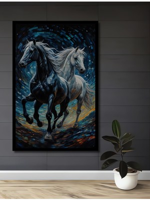 Teona Ahşap Çerçeve Görünümlü Koşan Atlar Dekoratif Ahşap Mdf Ev Duvar Tablo Dikdörtgen Ev Duvar Tablo