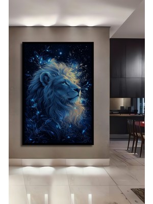 Teona Ahşap Çerçeve Görünümlü Gızemlı Mavi Aslan Dekoratif Ahşap Mdf Ev Duvar Tablo Dikdörtgen Ev Duvar Tablo