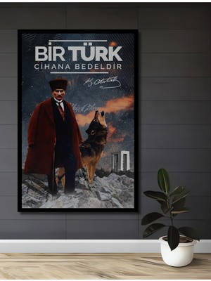 Teona Ahşap Çerçeve Görünümlü Atatürk ve Kurt Dekoratif Ahşap Mdf Ev Duvar Tablo Dikdörtgen Ev Duvar Tablo